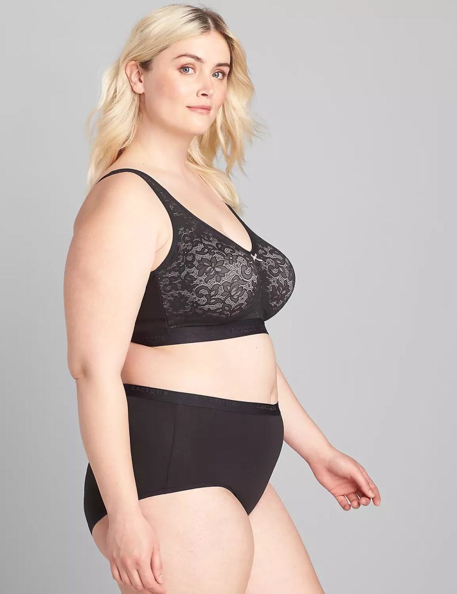 Women Lane Bryant Cotton No-Wire with Lace Unlined Bra Black | QGC834NL