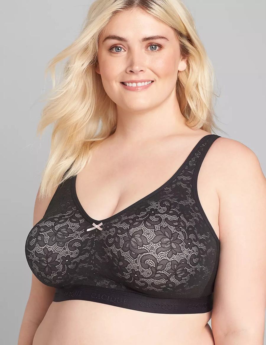 Women Lane Bryant Cotton No-Wire with Lace Unlined Bra Black | QGC834NL