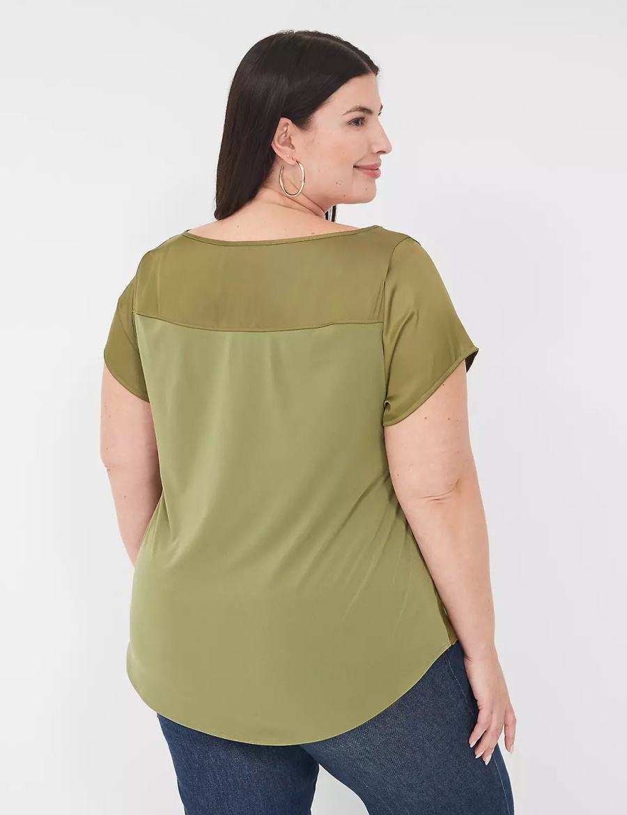 Women Lane Bryant Crew-Neck Satin & Knit Top T Shirts Green | RKV267EW