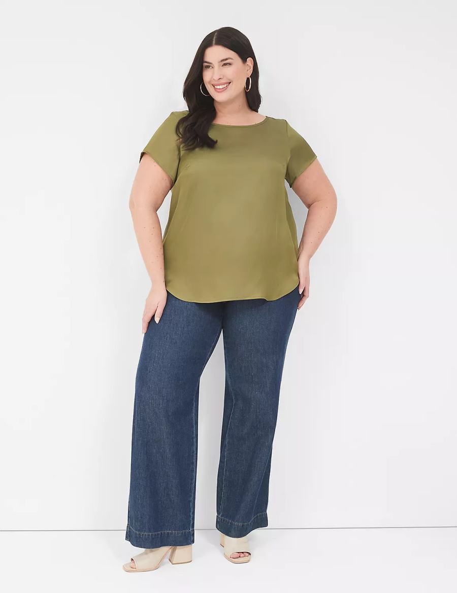 Women Lane Bryant Crew-Neck Satin & Knit Top T Shirts Green | RKV267EW