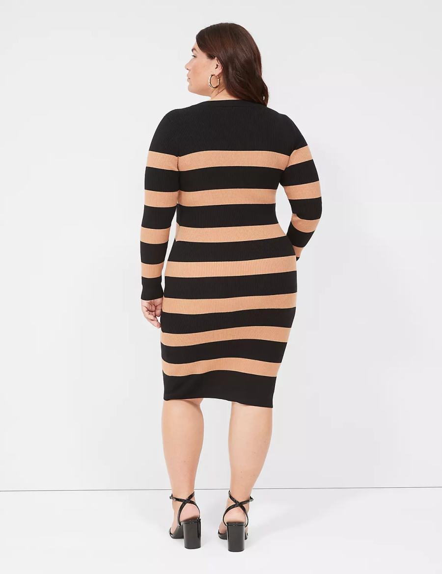 Women Lane Bryant Crew-Neck Stripe Sweater Knitted Dress Black | DIG559RB