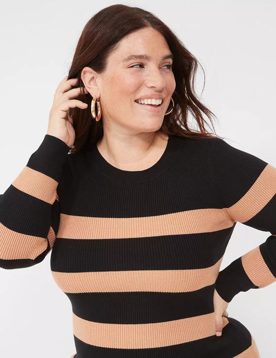 Women Lane Bryant Crew-Neck Stripe Sweater Knitted Dress Black | DIG559RB