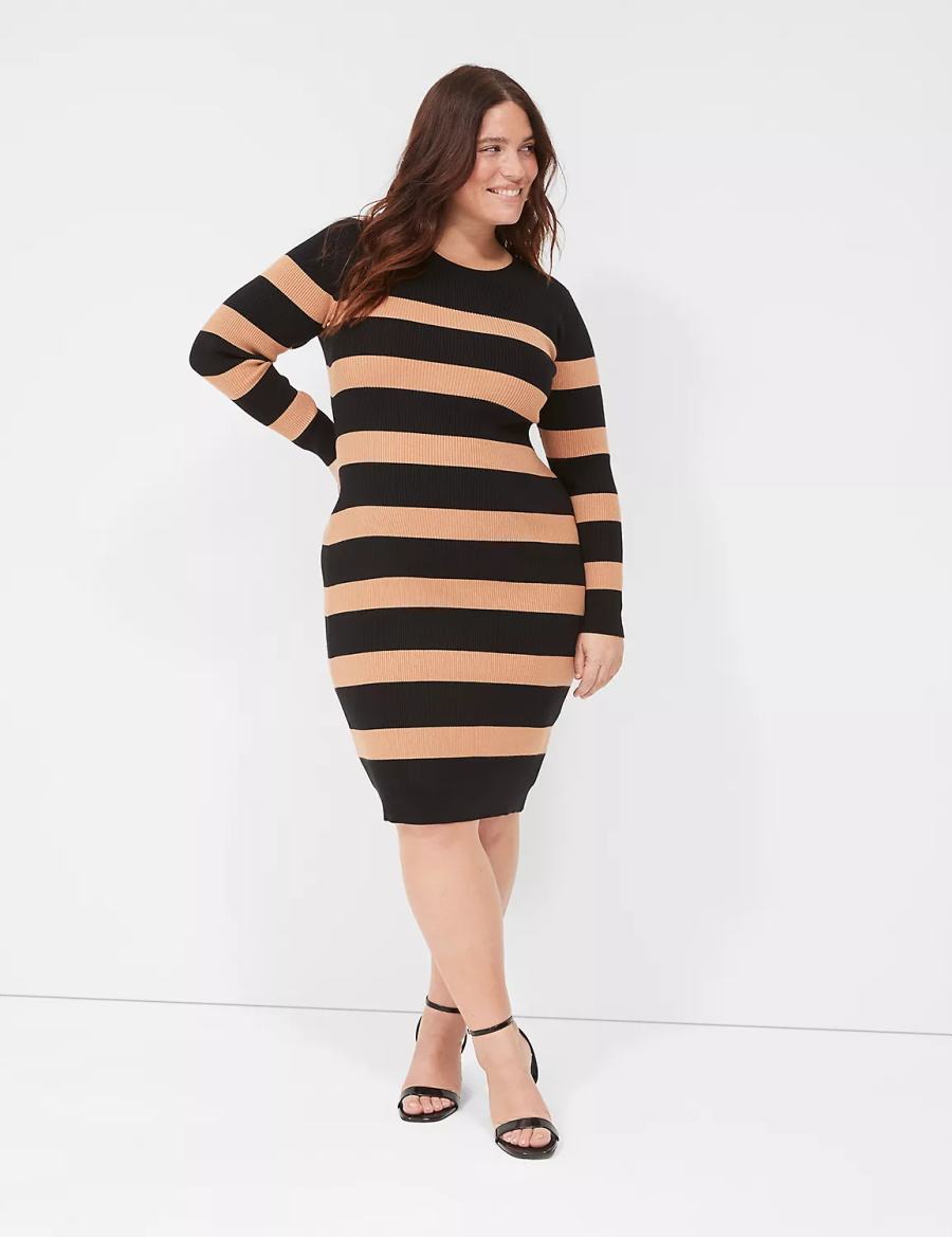 Women Lane Bryant Crew-Neck Stripe Sweater Knitted Dress Black | DIG559RB