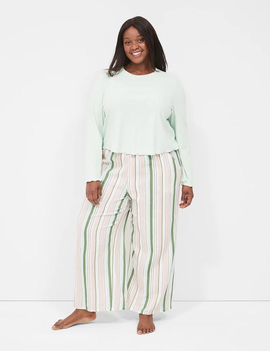 Women Lane Bryant Crinkle Woven Wide Leg Pants Green Multicolor Stripes | WWN2224AO