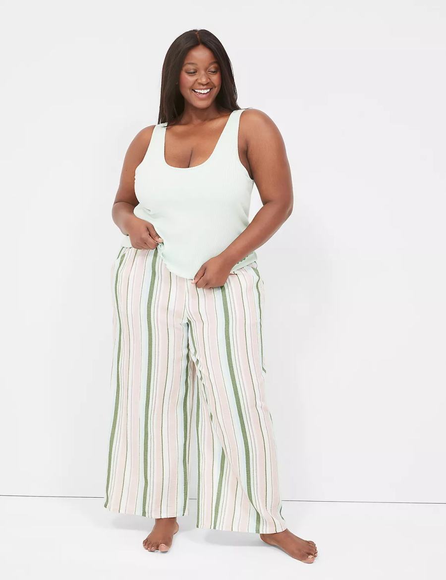 Women Lane Bryant Crinkle Woven Wide Leg Pants Green Multicolor Stripes | WWN2224AO