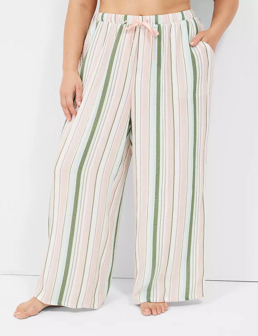 Women Lane Bryant Crinkle Woven Wide Leg Pants Green Multicolor Stripes | WWN2224AO