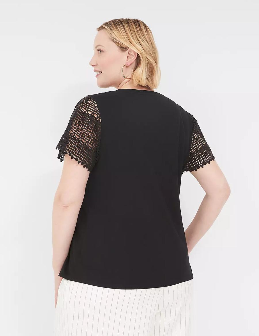 Women Lane Bryant Crochet-Sleeve Crew-Neck Tee T Shirts Black | SXQ9647RM