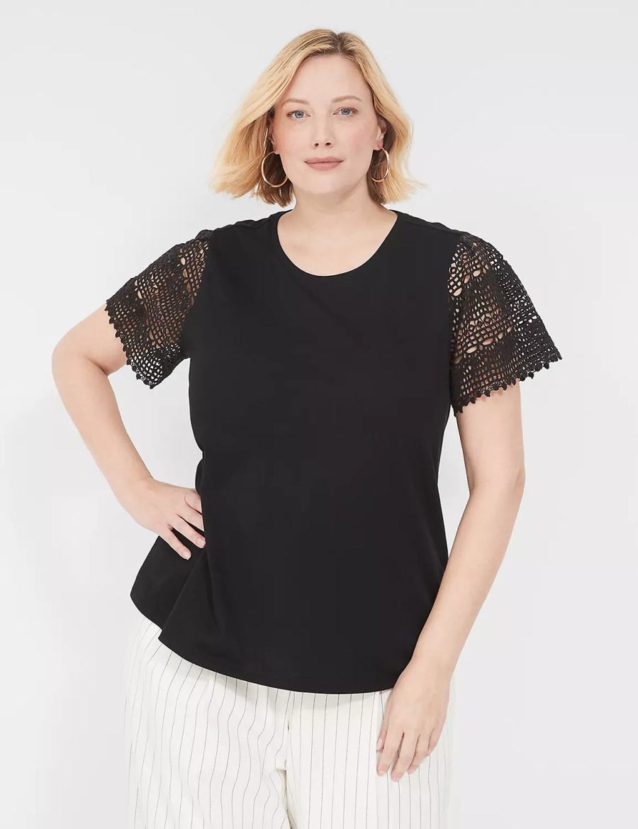 Women Lane Bryant Crochet-Sleeve Crew-Neck Tee T Shirts Black | SXQ9647RM