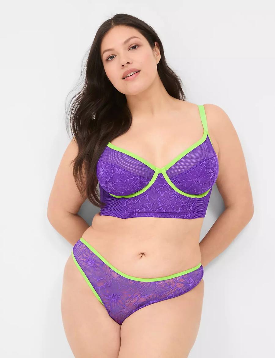 Women Lane Bryant Crush Flower Lace Dipped Tanga Briefs Purple | RUW9713ZZ