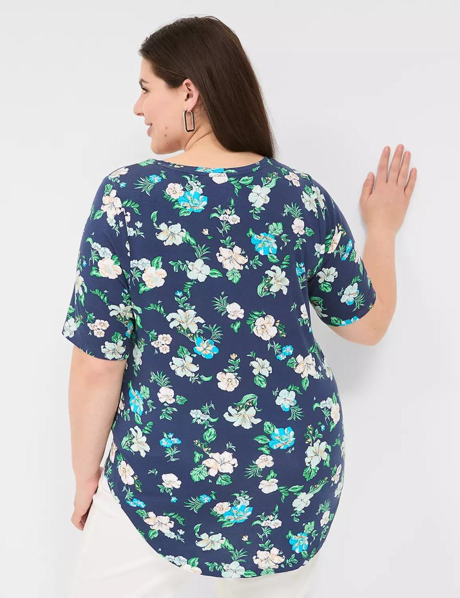 Women Lane Bryant Curved-Hem Perfect Sleeve Tee T Shirts Navy | ZMN1350CJ