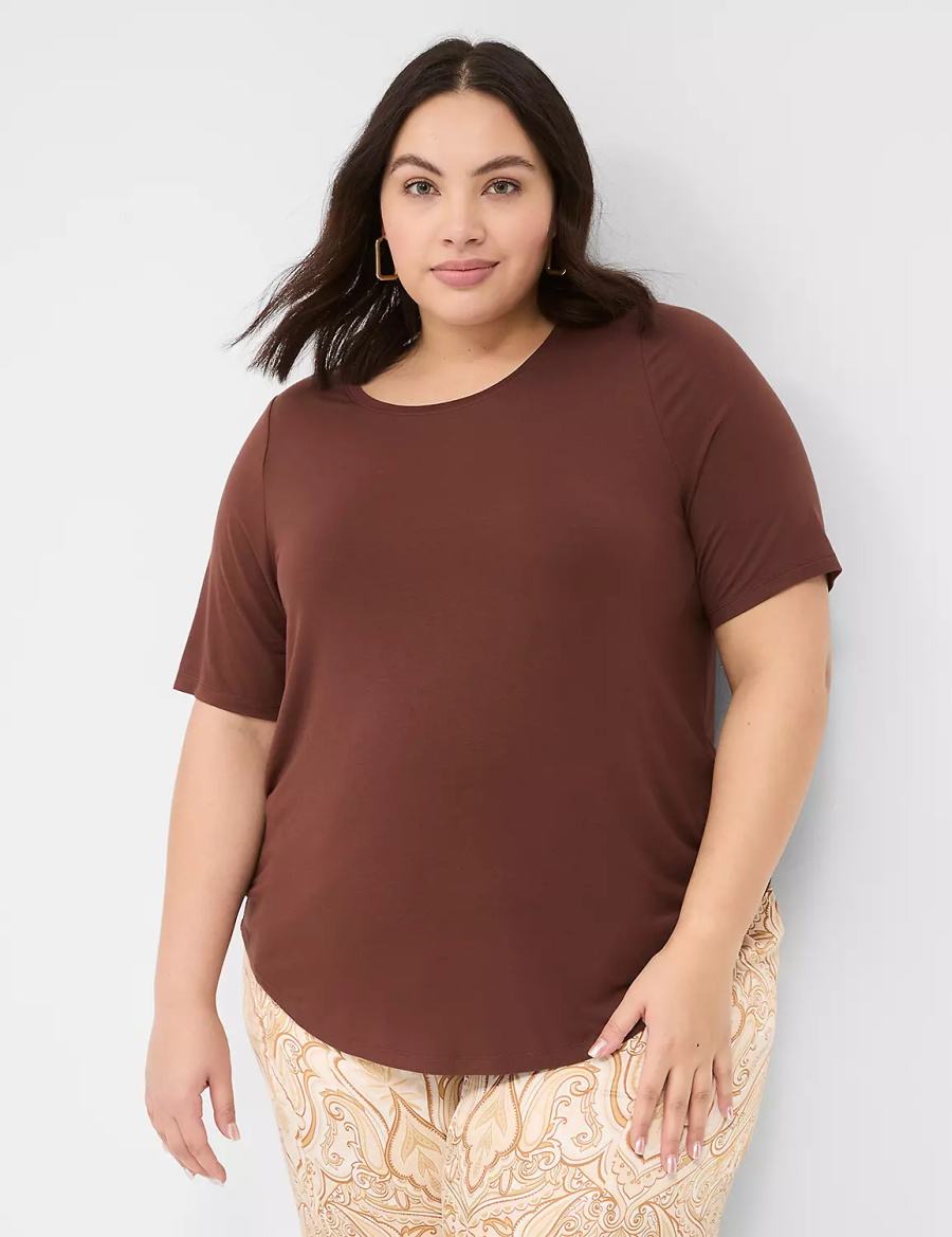 Women Lane Bryant Curved-Hem Perfect Sleeve Tee T Shirts Brown | DYF7158TG