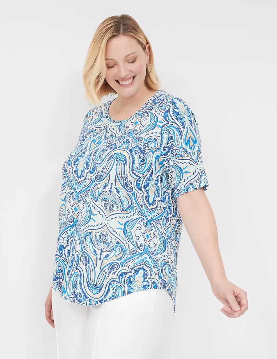 Women Lane Bryant Curved-Hem Perfect Sleeve Tee T Shirts Blue | BYS3584XJ