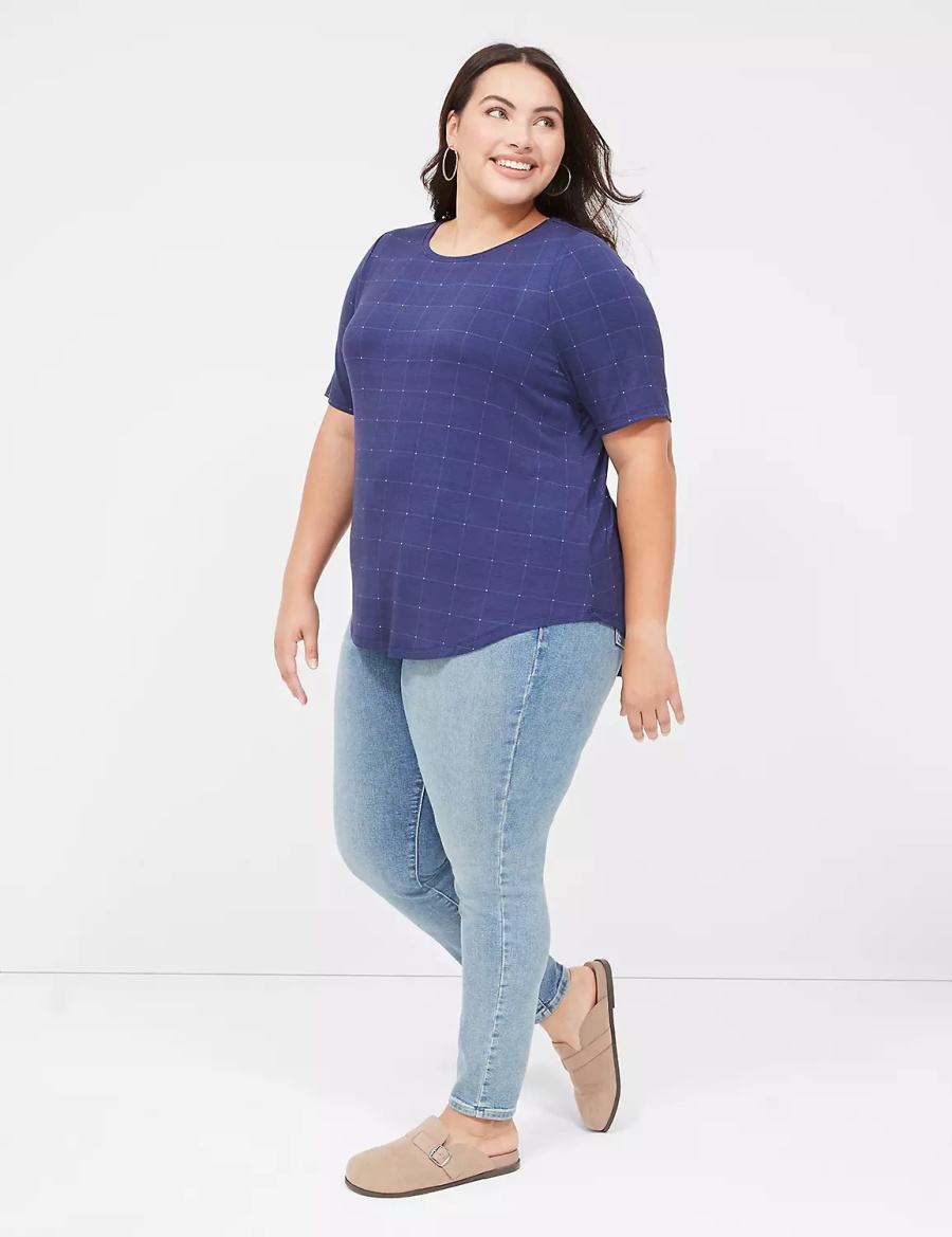 Women Lane Bryant Curved-Hem Perfect Sleeve Tee T Shirts Dark Blue | OUT726GM