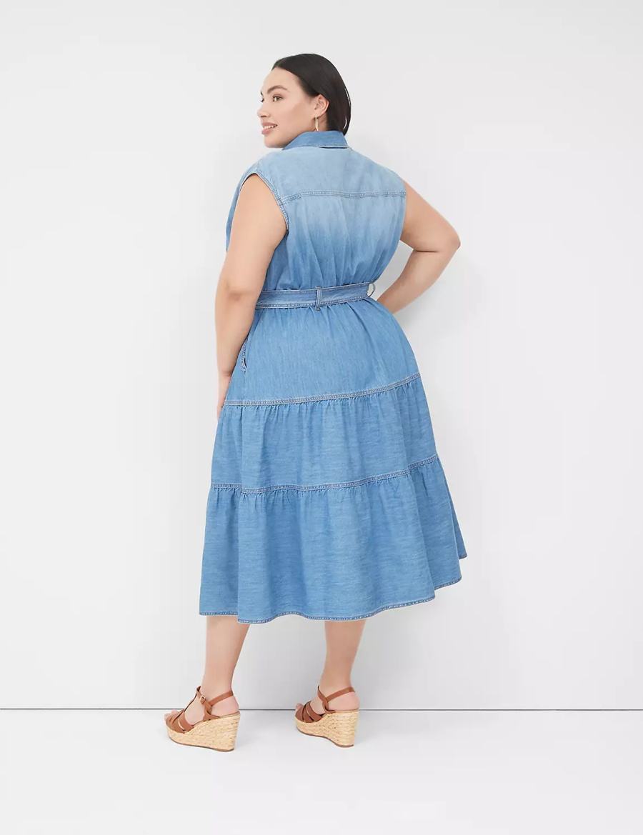 Women Lane Bryant Denim Tiered Midi Dress Blue | HZE4612IP