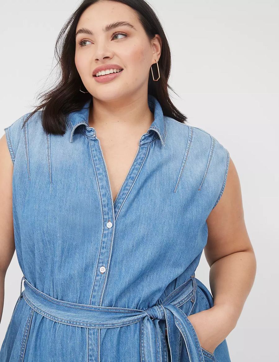 Women Lane Bryant Denim Tiered Midi Dress Blue | HZE4612IP