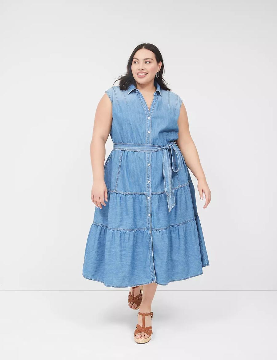 Women Lane Bryant Denim Tiered Midi Dress Blue | HZE4612IP