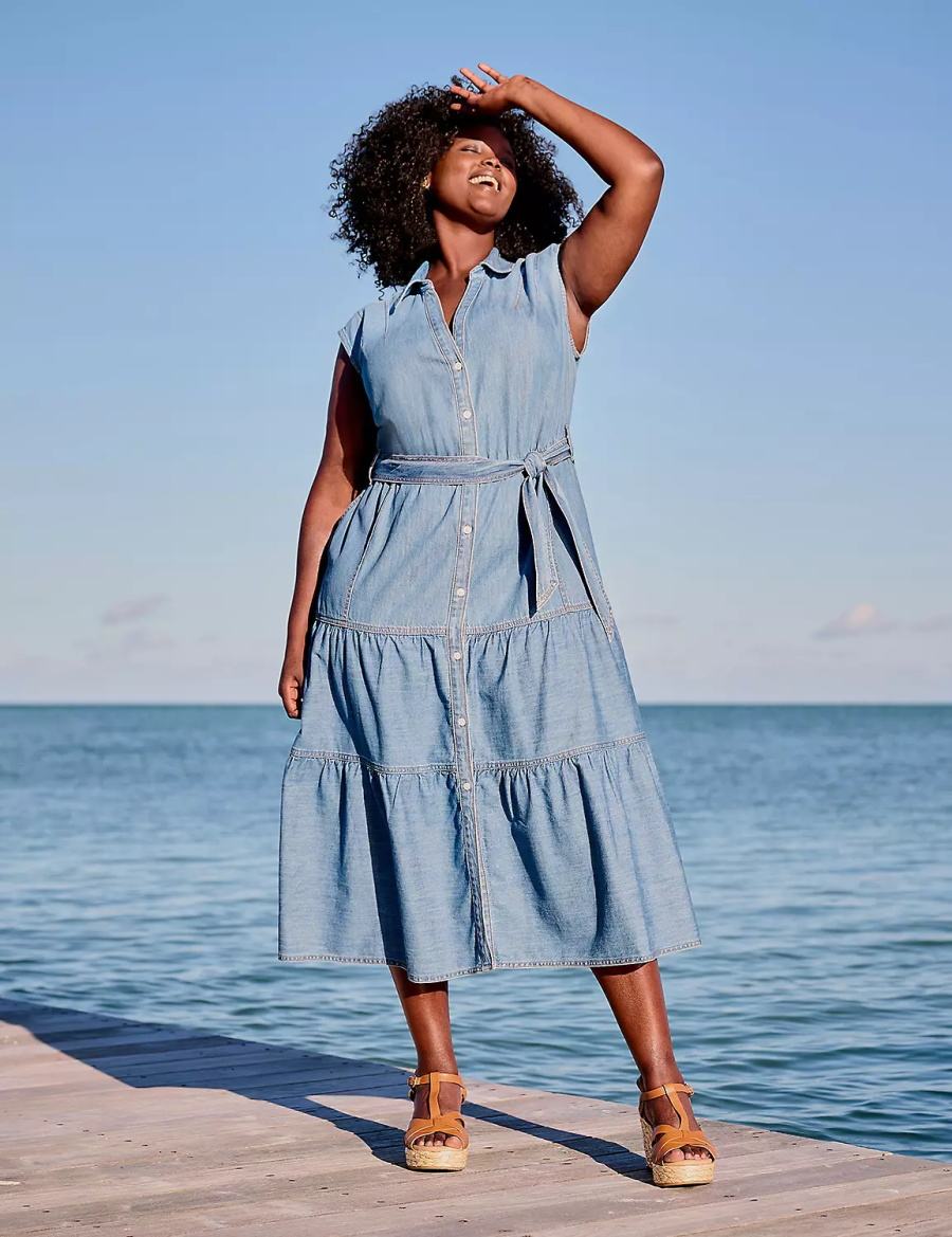 Women Lane Bryant Denim Tiered Midi Dress Blue | HZE4612IP