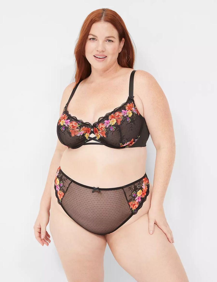 Women Lane Bryant Digital Print Lace High-Leg Thong Panty Black | XGK2138DH