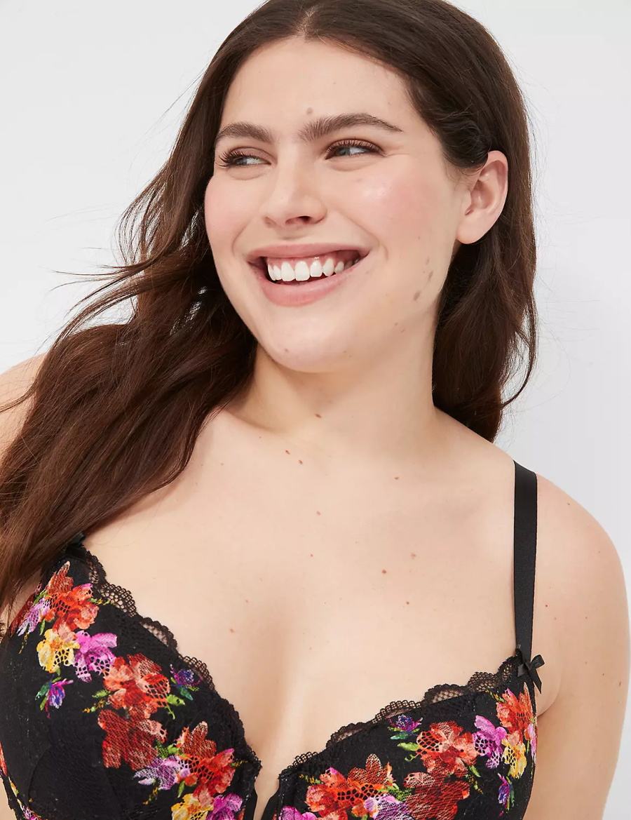 Women Lane Bryant Digital Print Lace Lightly Lined V-Wire Bralettes Black | XLI4499NN