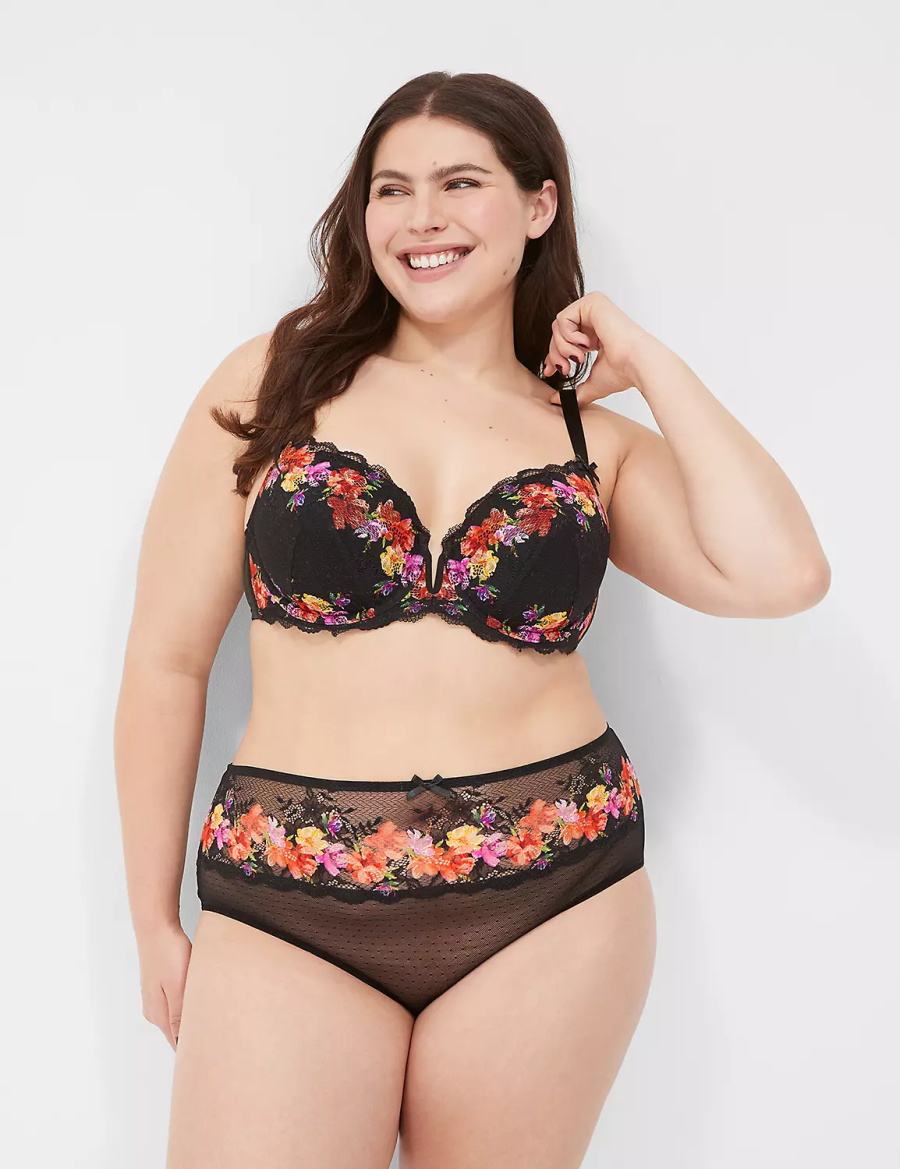 Women Lane Bryant Digital Print Lace Lightly Lined V-Wire Bralettes Black | XLI4499NN