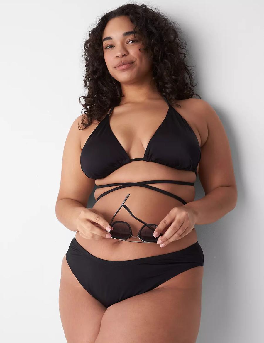 Women Lane Bryant Dipped Tanga Swim Bikini Bottom Black | YAE2259SH