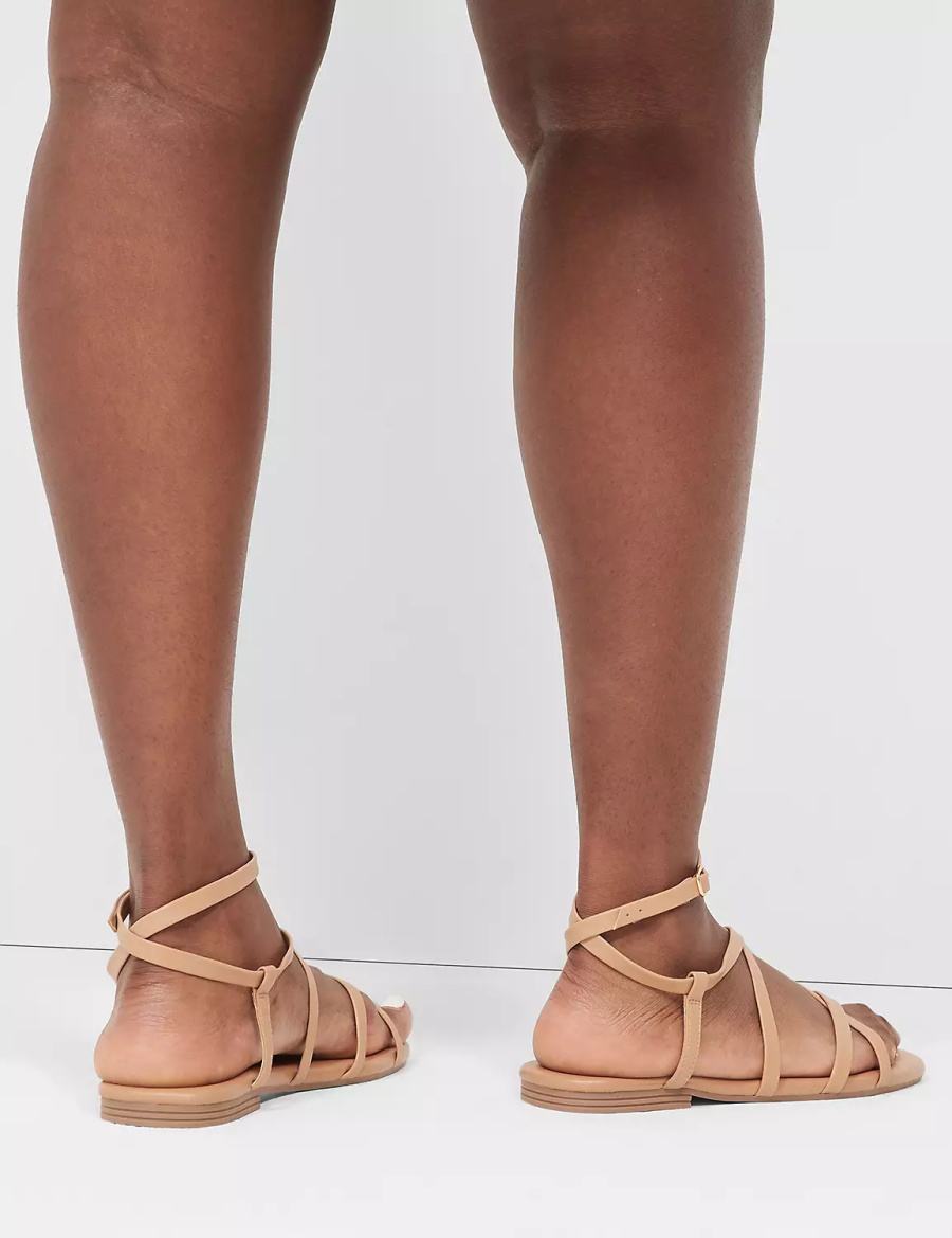 Women Lane Bryant Dream Cloud Ankle-Strap Faux-Leather Gladiator Flat Sandals Brown | UKR8289HF