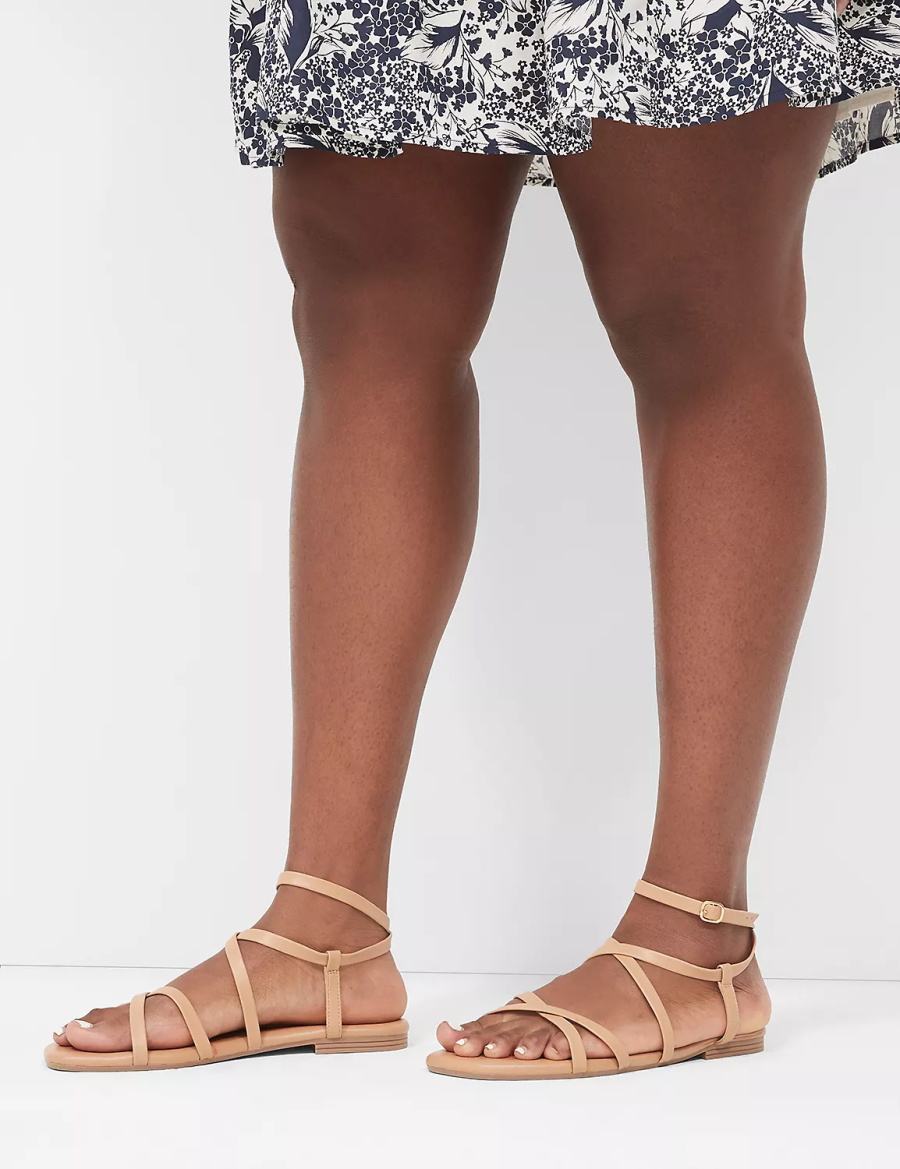 Women Lane Bryant Dream Cloud Ankle-Strap Faux-Leather Gladiator Flat Sandals Brown | UKR8289HF