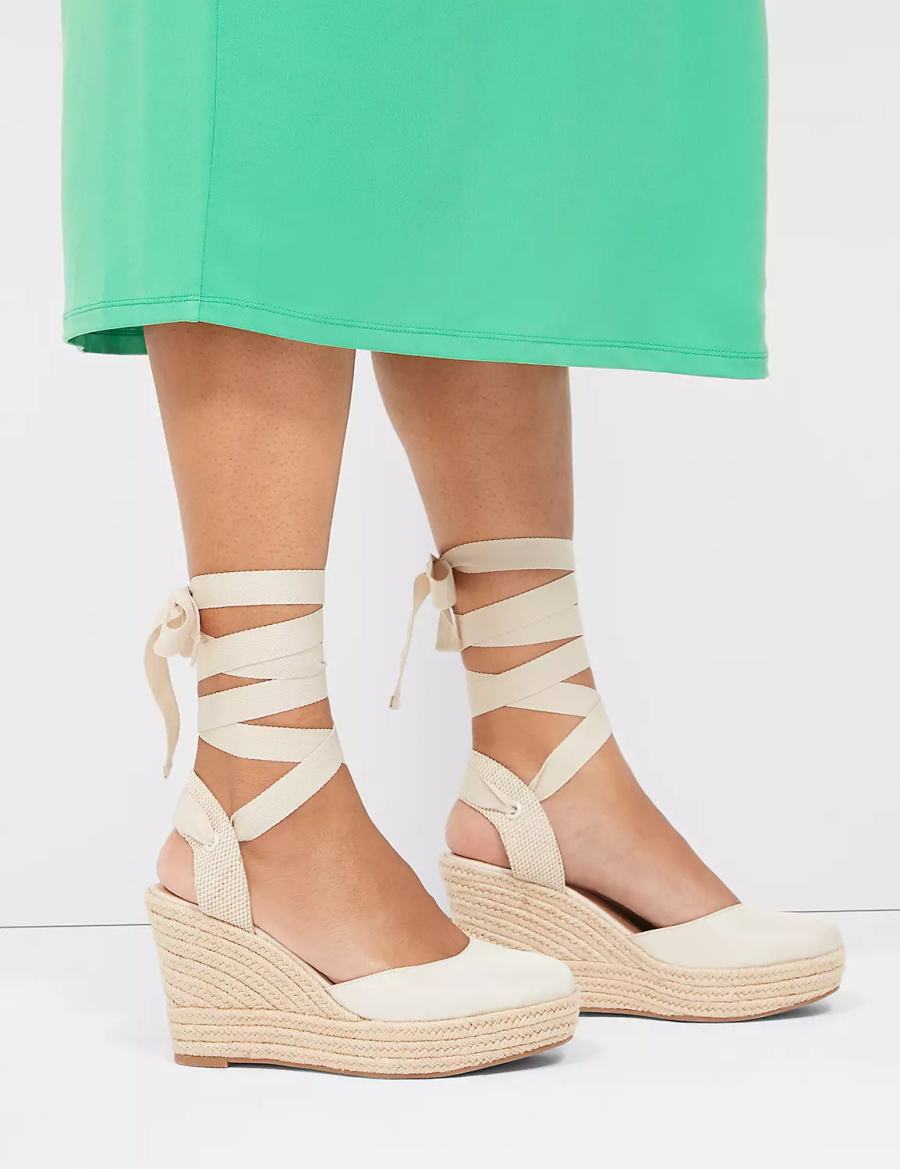 Women Lane Bryant Dream Cloud Ankle-Tie Espadrille Wedge Sandals White | TMO759EA