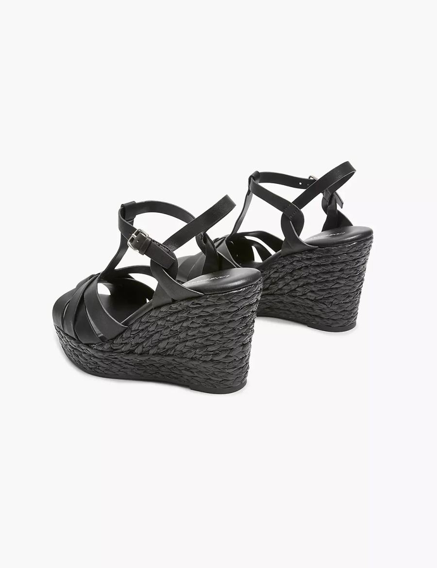 Women Lane Bryant Dream Cloud Faux-Leather T-Strap Espadrille Wedge Sandals Black | YCL9474JO