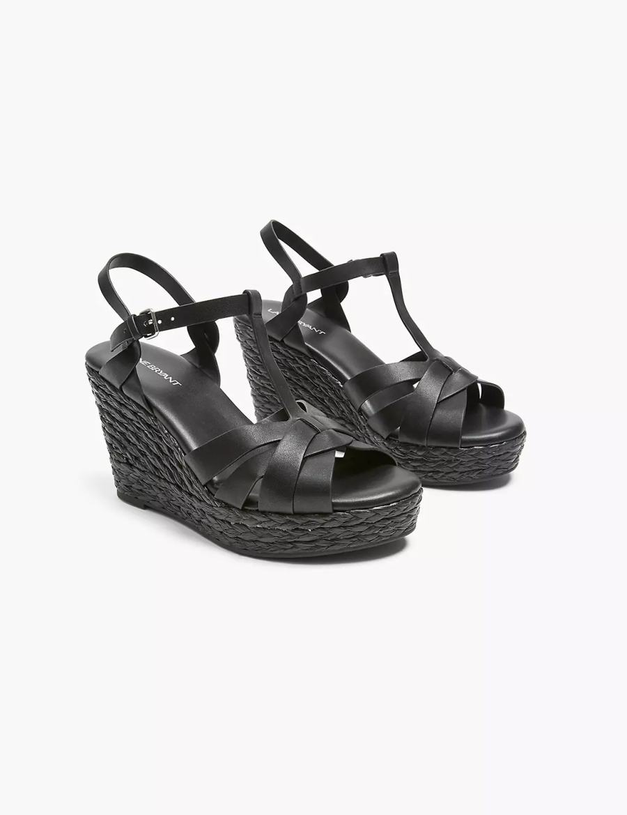 Women Lane Bryant Dream Cloud Faux-Leather T-Strap Espadrille Wedge Sandals Black | YCL9474JO