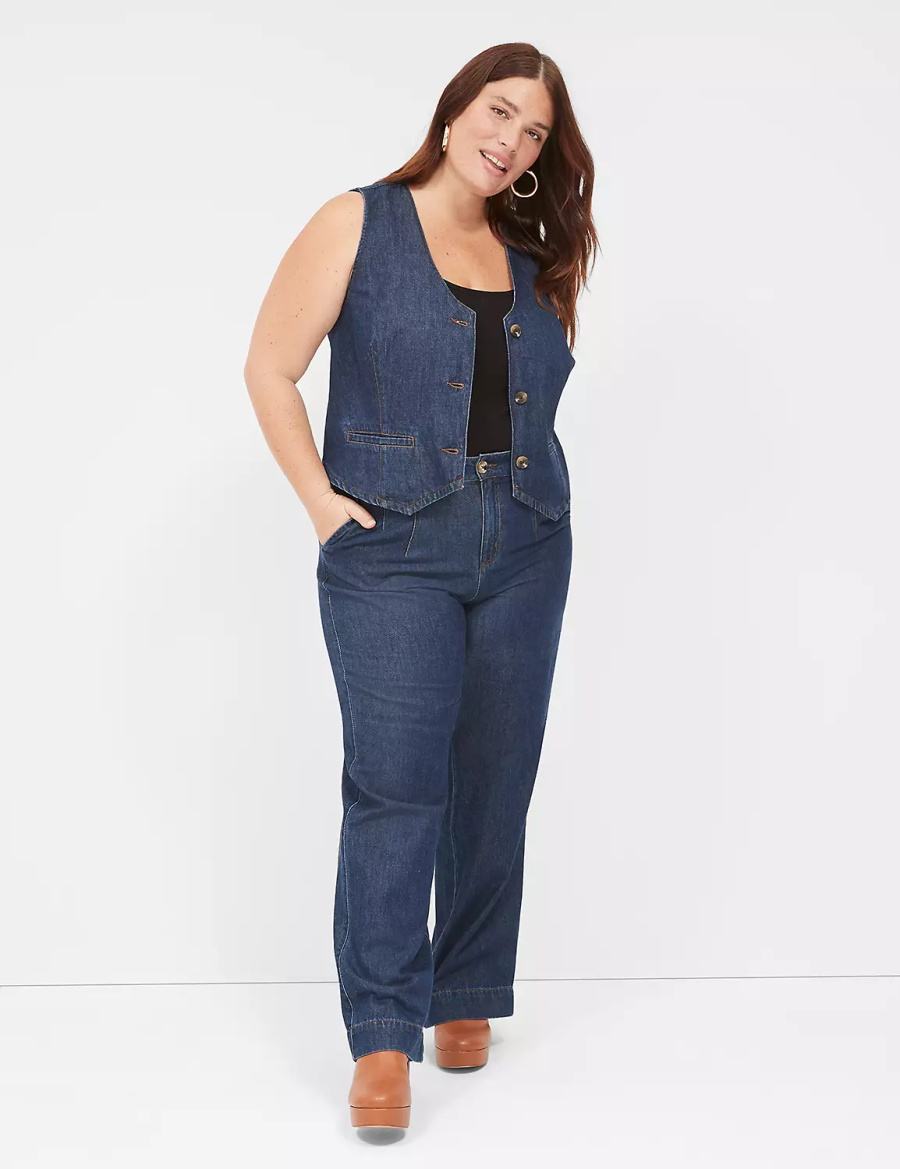 Women Lane Bryant Dressy Denim Vest Vest Dark Blue | PBU10049BF