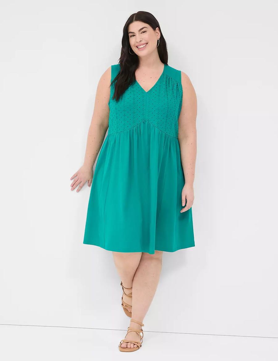 Women Lane Bryant Easy Swing Eyelet-Bodice Casual Dress Light Turquoise | ONH7531DR