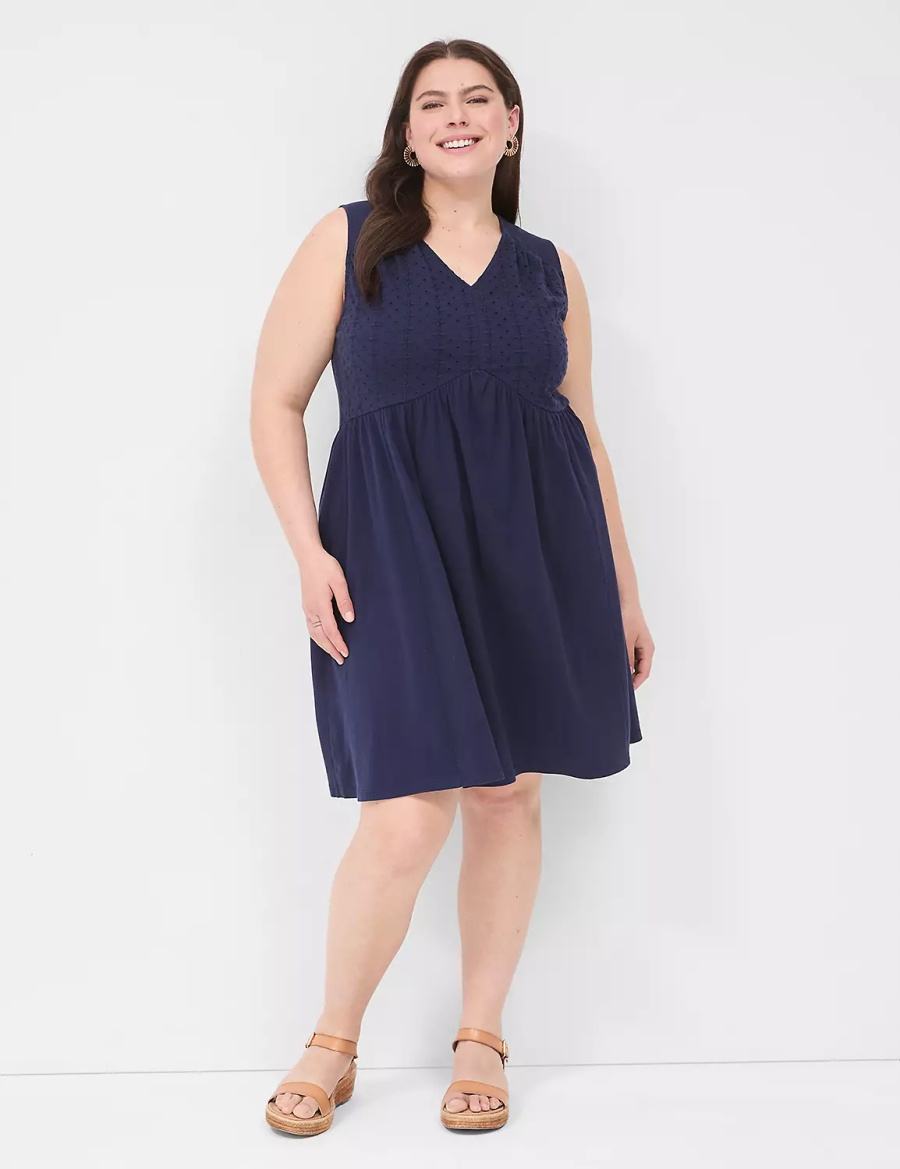 Women Lane Bryant Easy Swing Eyelet-Bodice Casual Dress Blue | GWL8145KY