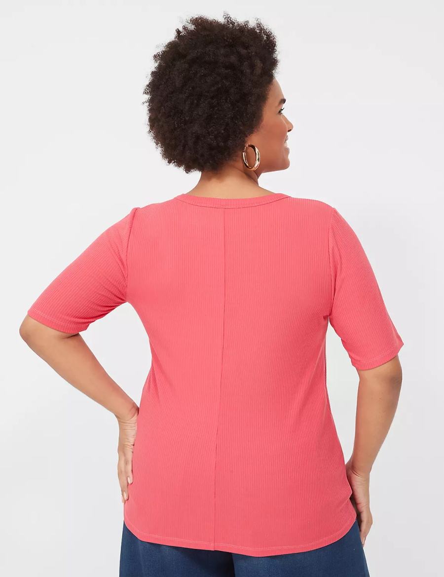 Women Lane Bryant Elbow-Sleeve High Crew-Neck Rib Top T Shirts Pink | IGT9737RB