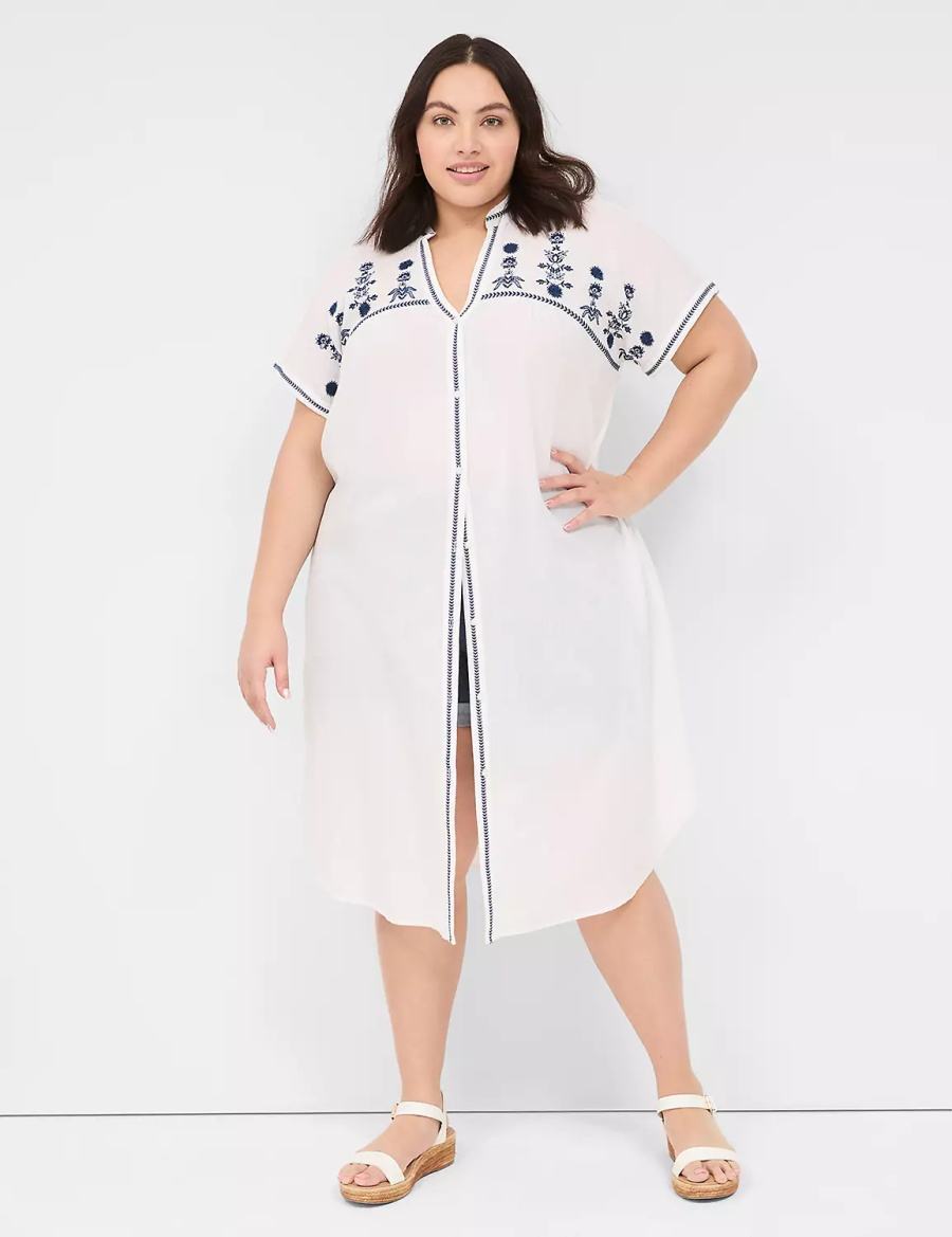 Women Lane Bryant Embroidered Cap-Sleeve Overpiece Robe White | ZRP477BV