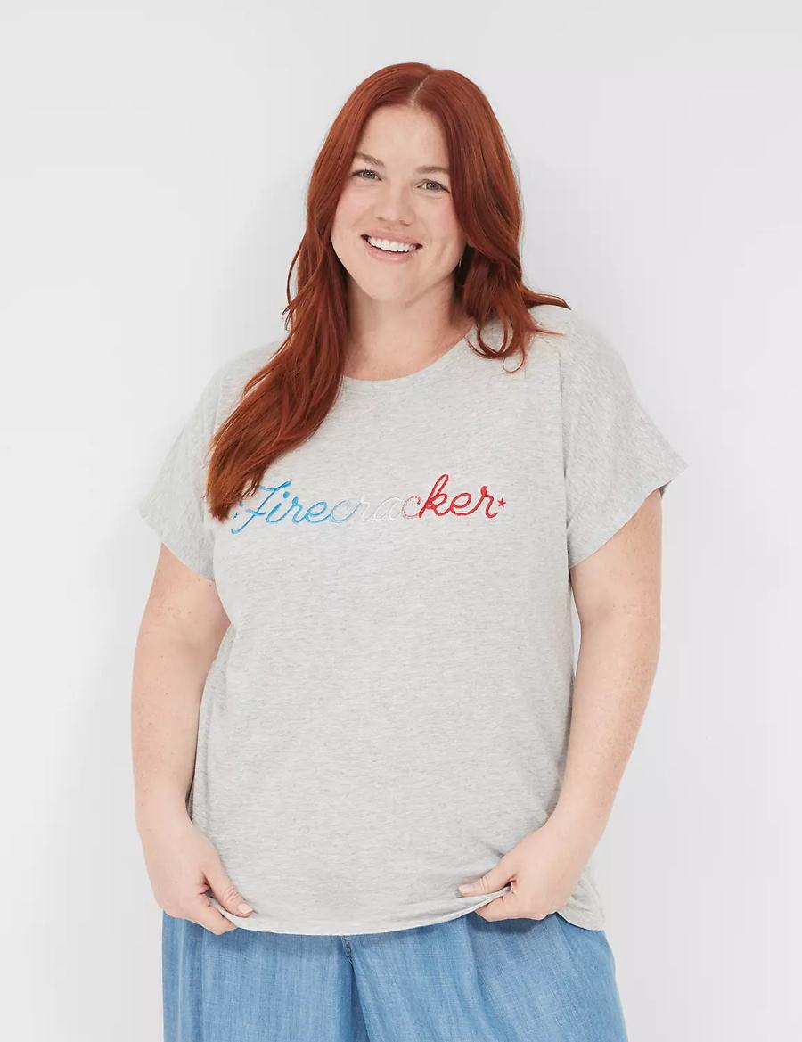 Women Lane Bryant Embroidered Firecracker Graphic Tee T Shirts Grey | COB7036BP