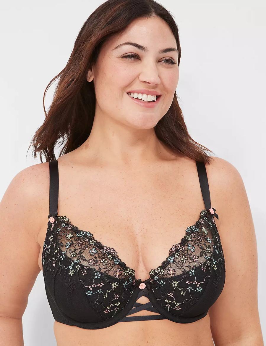 Women Lane Bryant Embroidered French Balconette Bra Black | JTS956WI