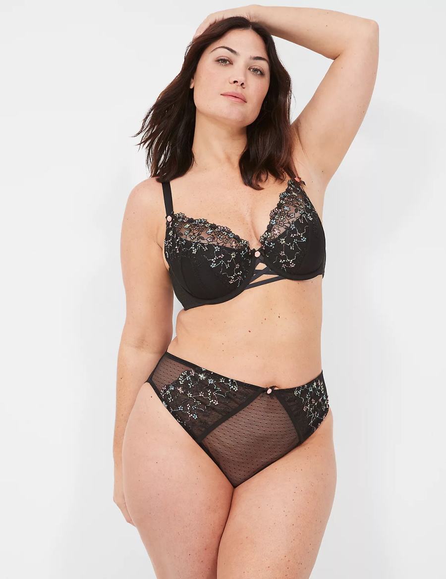 Women Lane Bryant Embroidered French Balconette Bra Black | JTS956WI