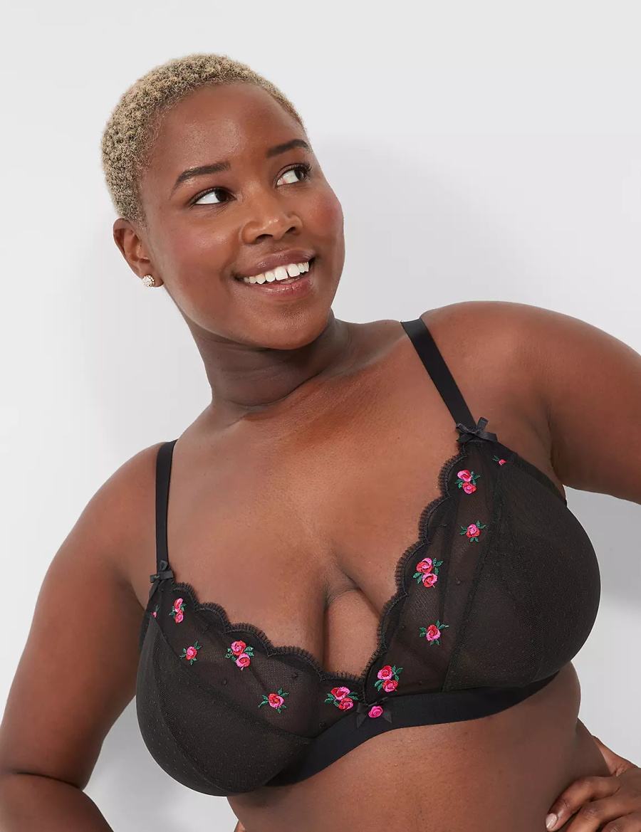 Women Lane Bryant Embroidered No-Wire Triangle Bralettes Black | JGW7120FJ