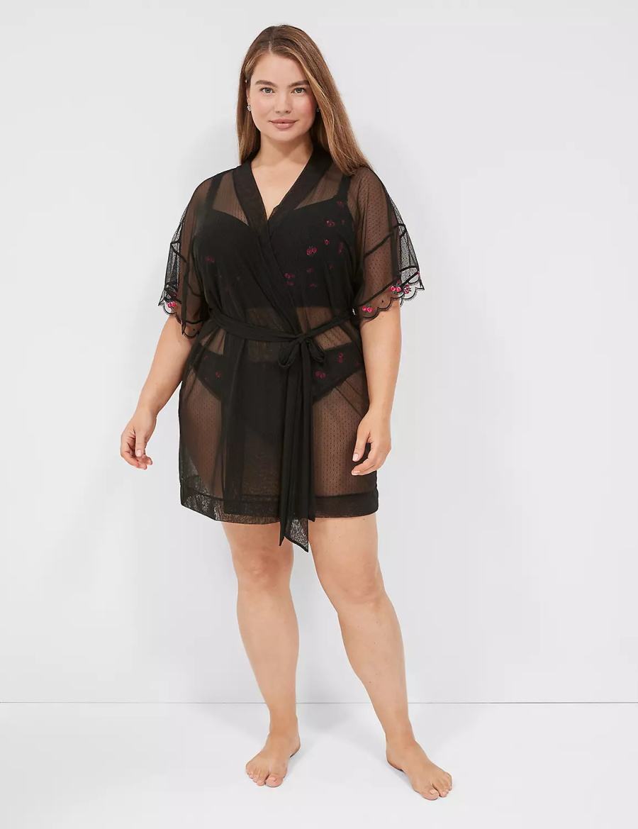 Women Lane Bryant Embroidered Trim Robe Black | NPL4792UY