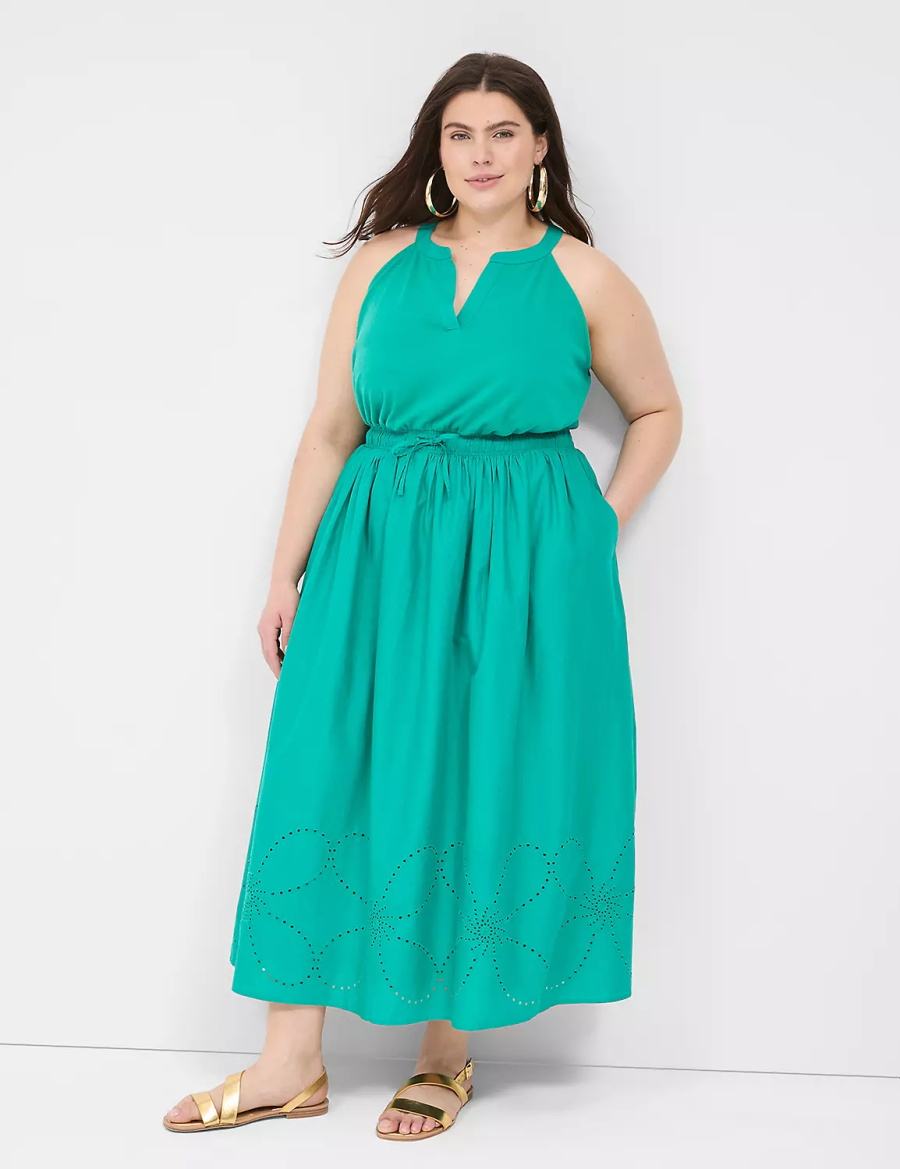 Women Lane Bryant Eyelet-Detail Split-Neck Maxi Dress Light Turquoise | QIR7786WH