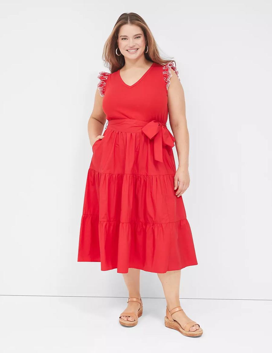 Women Lane Bryant Eyelet-Sleeveed Midi Dress Red | UYQ117ZK