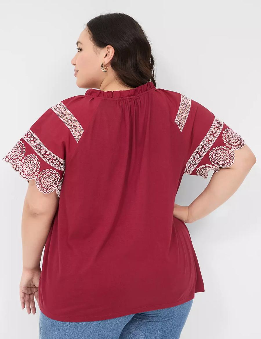 Women Lane Bryant Eyelet Short-Sleeve Knit Top T Shirts Deep Red | JCF7213PR