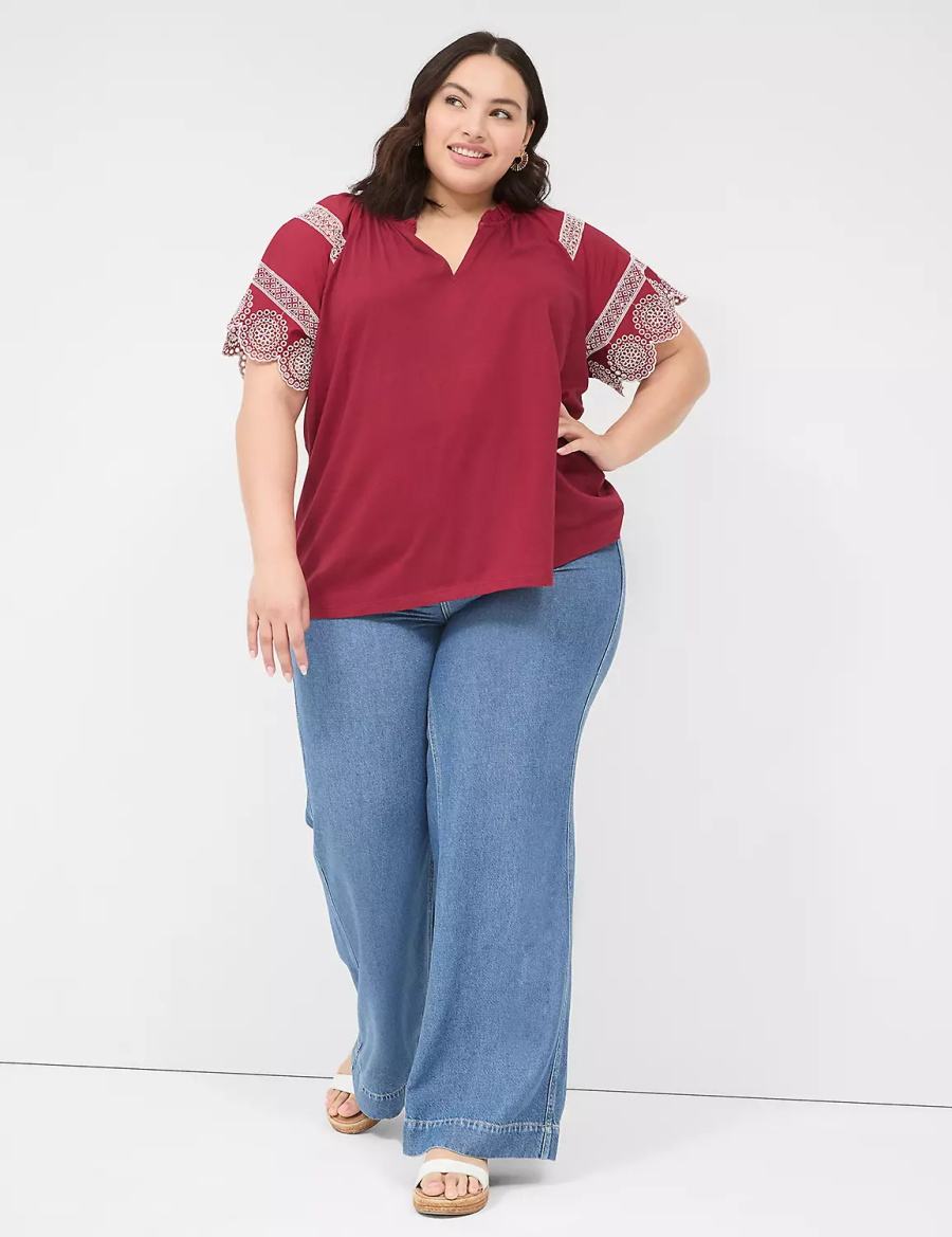 Women Lane Bryant Eyelet Short-Sleeve Knit Top T Shirts Deep Red | JCF7213PR