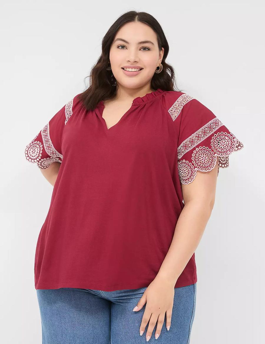 Women Lane Bryant Eyelet Short-Sleeve Knit Top T Shirts Deep Red | JCF7213PR