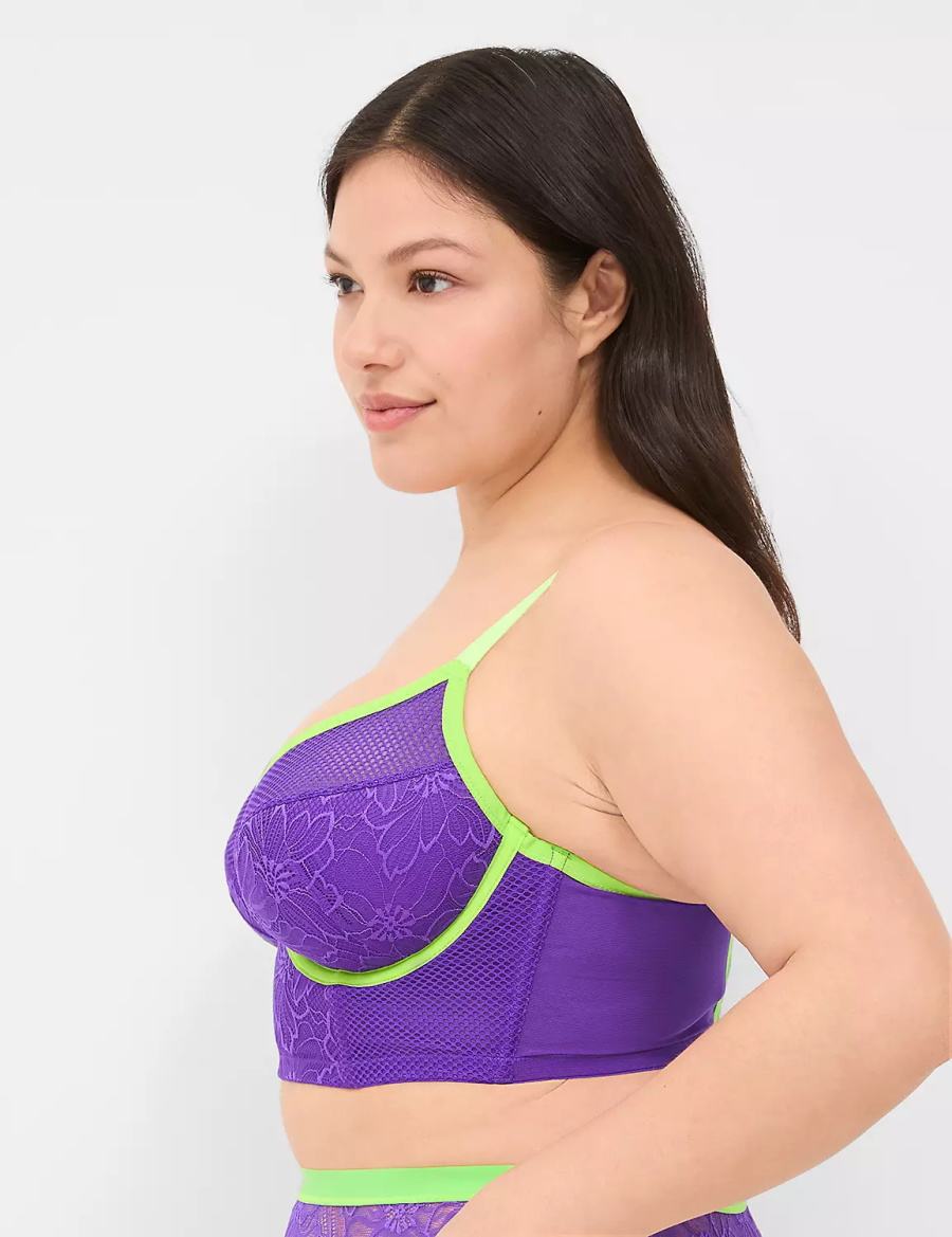 Women Lane Bryant Fishnet & Lace Lightly Lined Demi Longline Bralettes Purple | SVD8622MQ