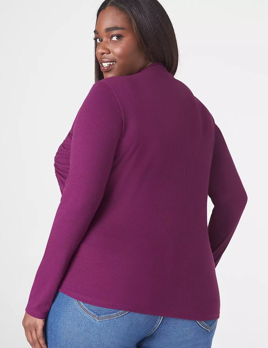 Women Lane Bryant Fitted Crop Mock-Neck Double-Drawcord Tee T Shirts Dark Purple | FRC7147US