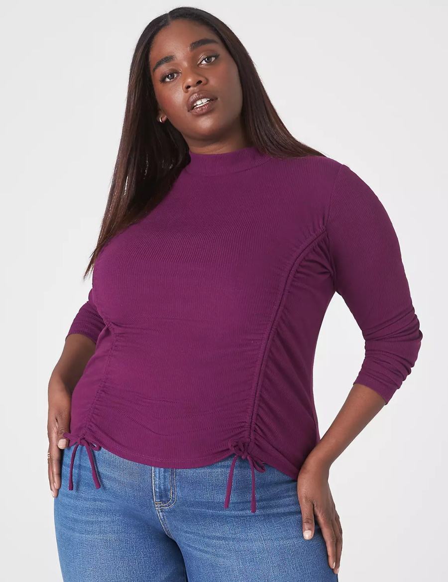 Women Lane Bryant Fitted Crop Mock-Neck Double-Drawcord Tee T Shirts Dark Purple | FRC7147US