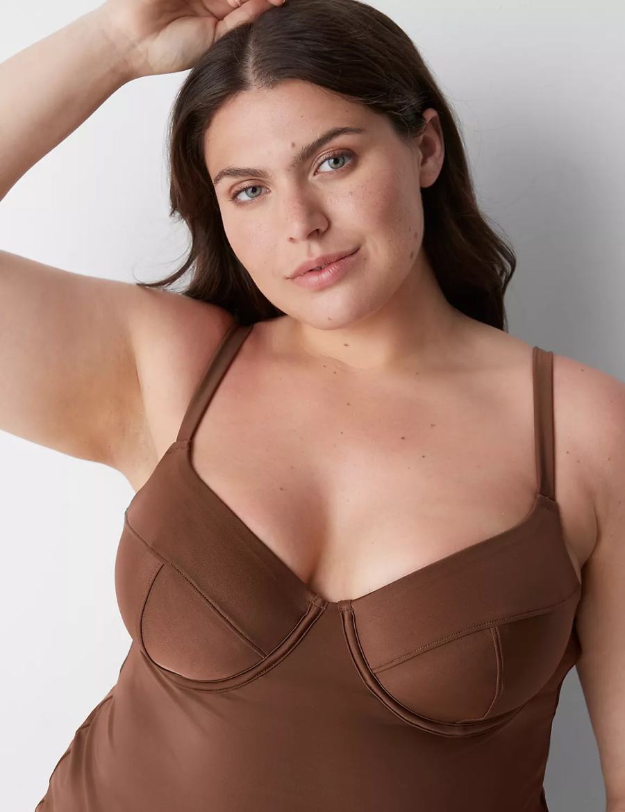 Women Lane Bryant Fitted Underwire Balconette Swim Tankini Bikini Top Dark Brown | XDY864BV