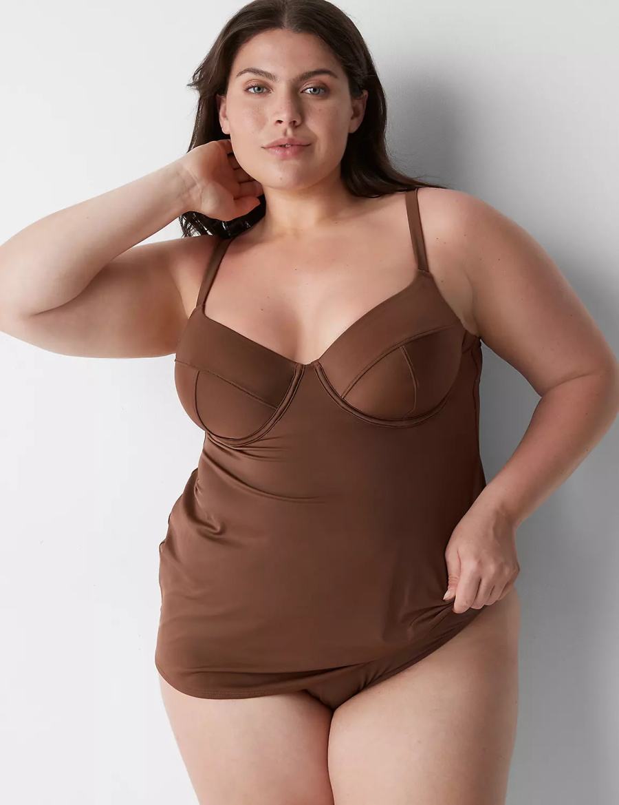 Women Lane Bryant Fitted Underwire Balconette Swim Tankini Bikini Top Dark Brown | XDY864BV